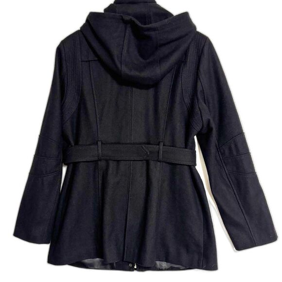 Apt 9 Wool Coat Womens L Hooded Black Belted Zipper/Snap Utility Pea Coat Chic - Picture 2 of 11